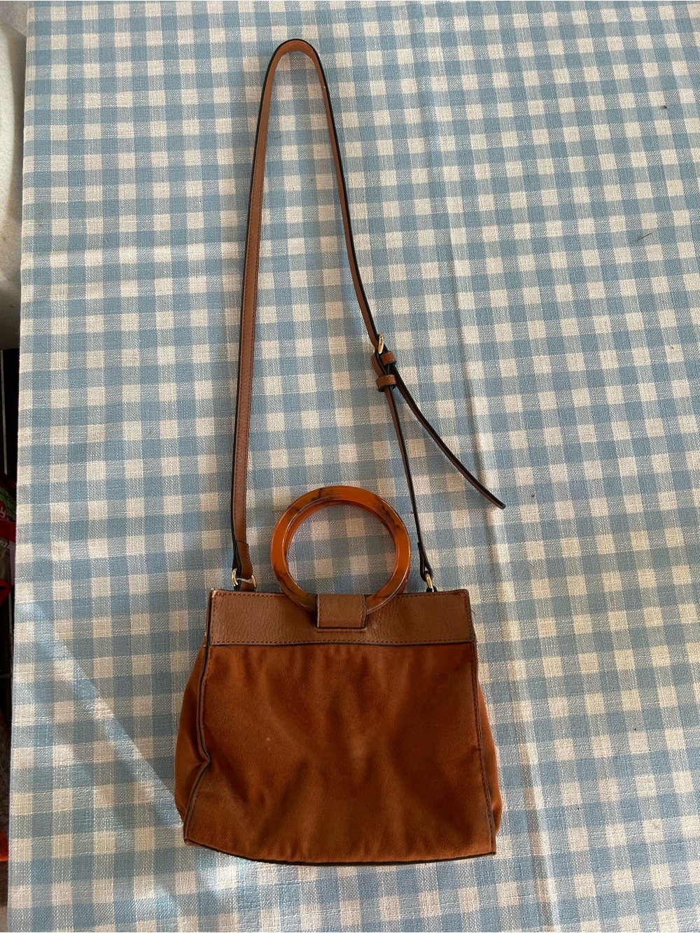 Brown Circle-Handle Crossbody Bag vegan suede